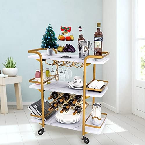 Jubao Bar Cart Gold, Upgraded Rolling Serving Bar Cart Modern Wine Cart with Wine Rack and Glass ... | Amazon (US)