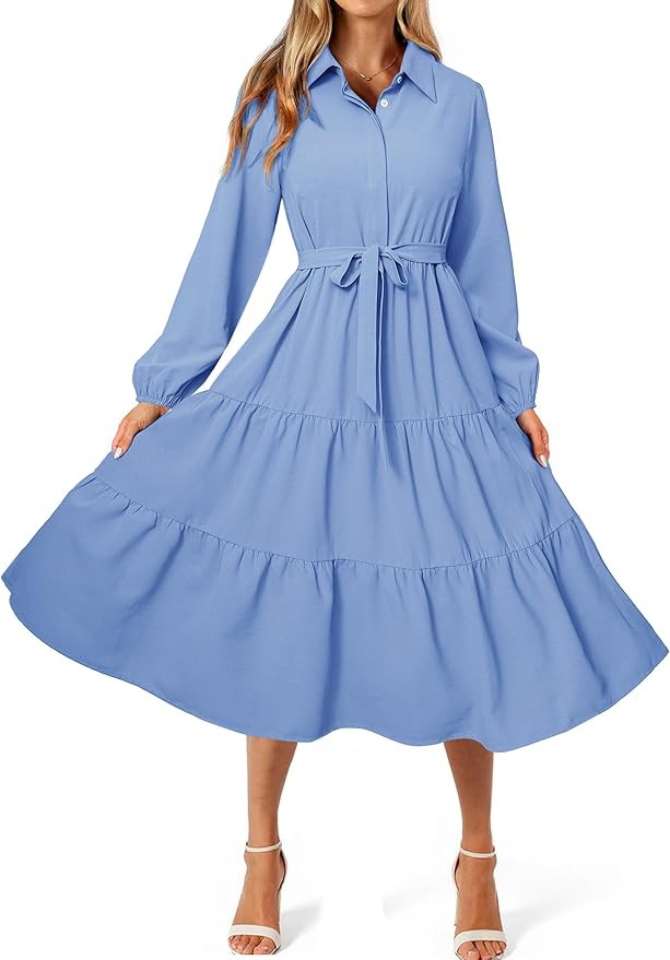 BerryGo Womens Long Sleeve Dresses 2025 Fall Maxi Casual V Neck Belted Button Down Wedding Guest ... | Amazon (US)