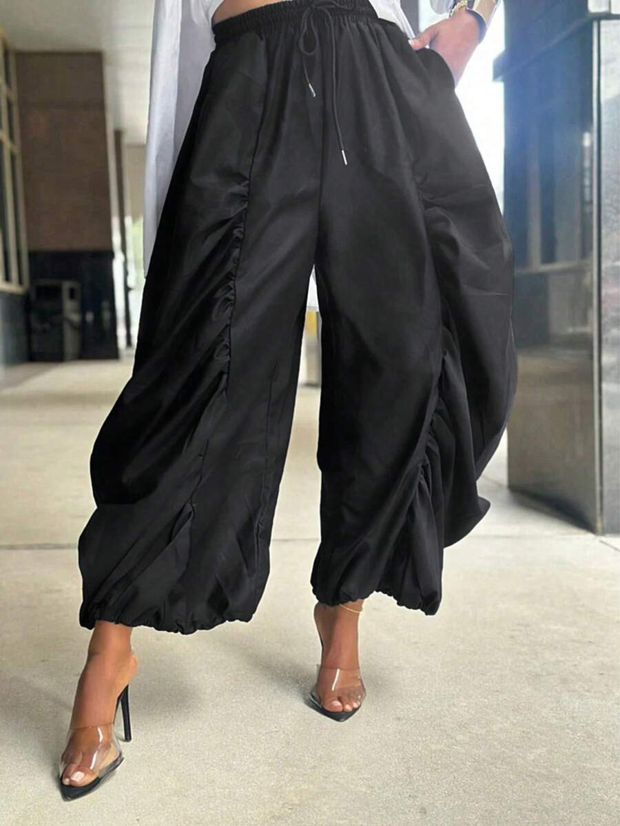 Vixey Ruched Wide Leg Drawstring Waist Woven Casual Office Pants | Business Casual Woman | Back T... | SHEIN
