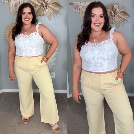Pop of color for Spring ☀️🤍🌼 
White ruffle eyelet crop top XL, tailored yellow sloane pants 34. Would prefer the curve love style! 

#LTKplussize #LTKSeasonal #LTKstyletip