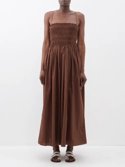 Matteau - Shirred Organic-cotton Dress - Womens - Brown | Matches (US)