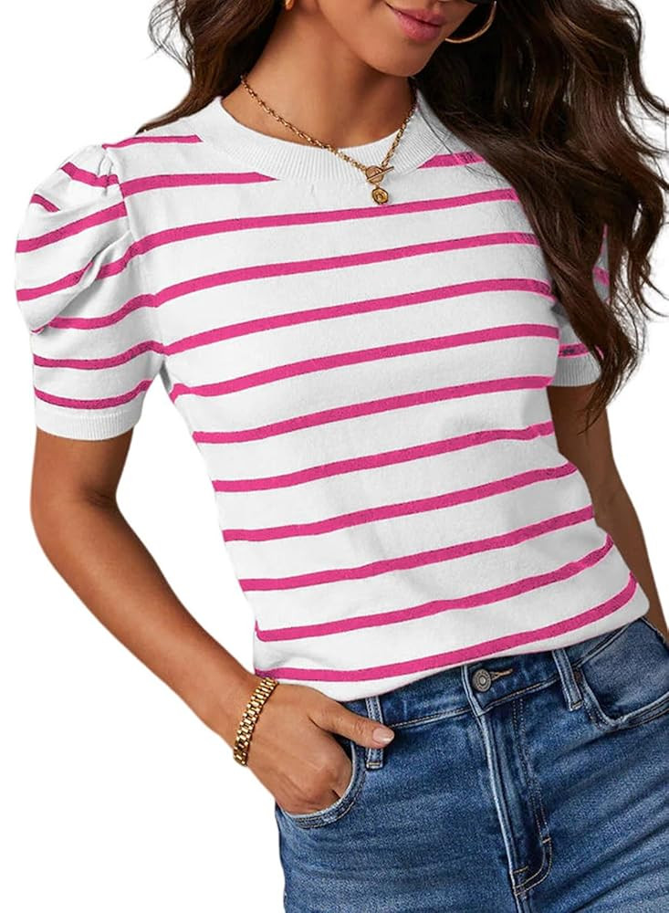 Dokotoo Women's Short Puff Sleeve Knit Tops 2025 Trendy Crewneck Striped T Shirts Casual Summer B... | Amazon (US)
