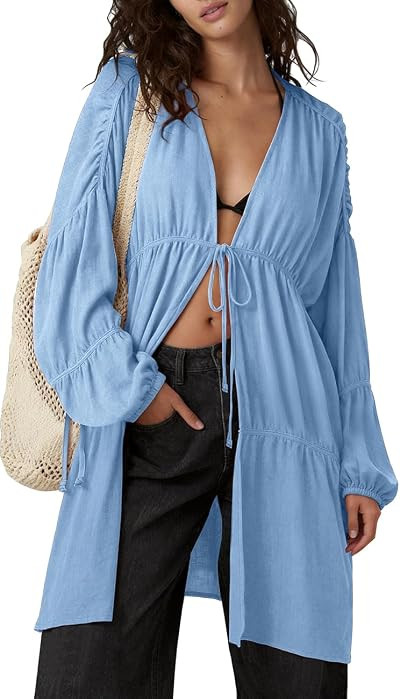 Roomy Oversized Fit, Boho Beach Duster Tops, Lantern Sleeves, Tiered Ruffle Flowy Hem, Sheer Drap... | Amazon (US)