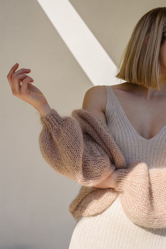 Mohair Bomber Cardigan in Honey Beige Hand Knit Chunky Knit | Etsy | Etsy (US)