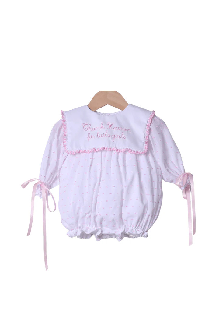 Embroidered Thank Heaven for Little Girls Long Sleeve Pink Swiss Dot B | The Smocked Flamingo