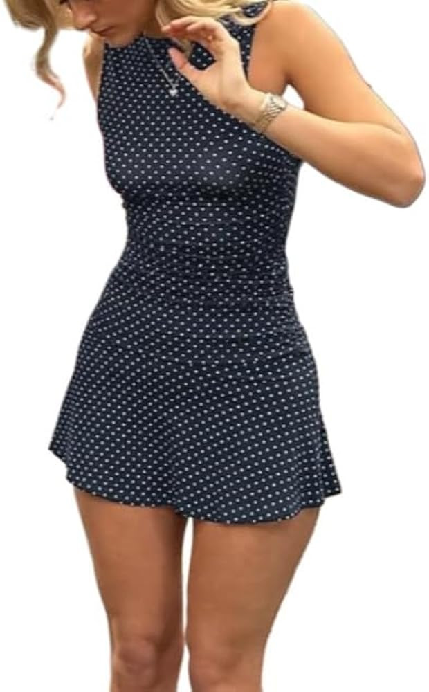 Polka Dot Mini Dress for Women Sleeveless Round Neck Bodycon Flared Hem Casual Summer Outfit 2025 | Amazon (US)
