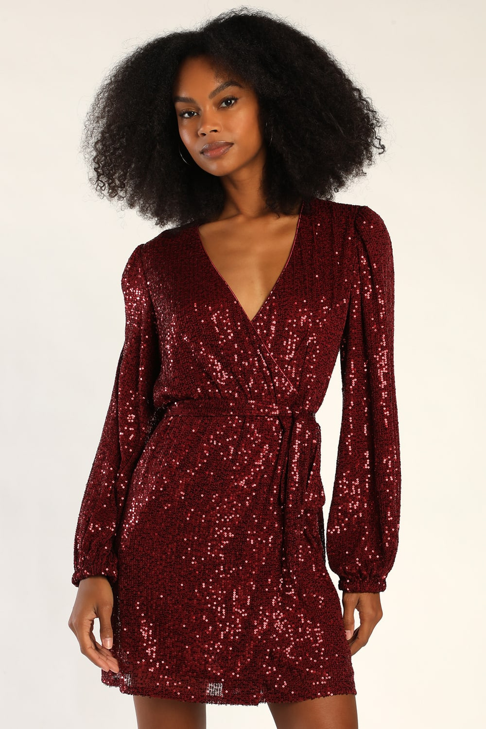 Sparkly Darling Burgundy Sequin Long Sleeve Wrap Dress | Lulus (US)