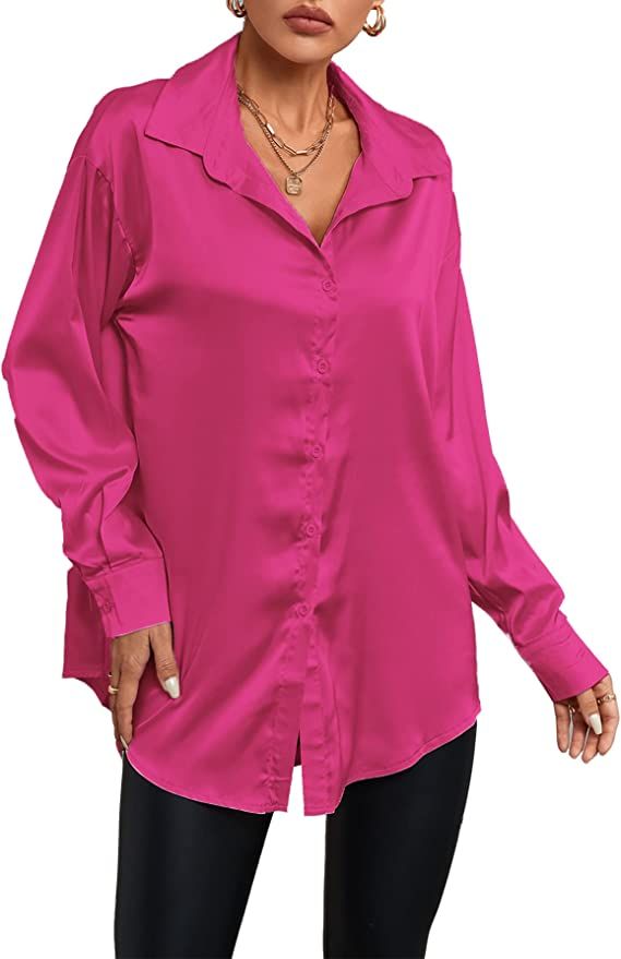 LYANER Women's Satin Silk Collar V Neck Button Down Long Sleeve Blouse Shirt Top Rose Medium at A... | Amazon (US)