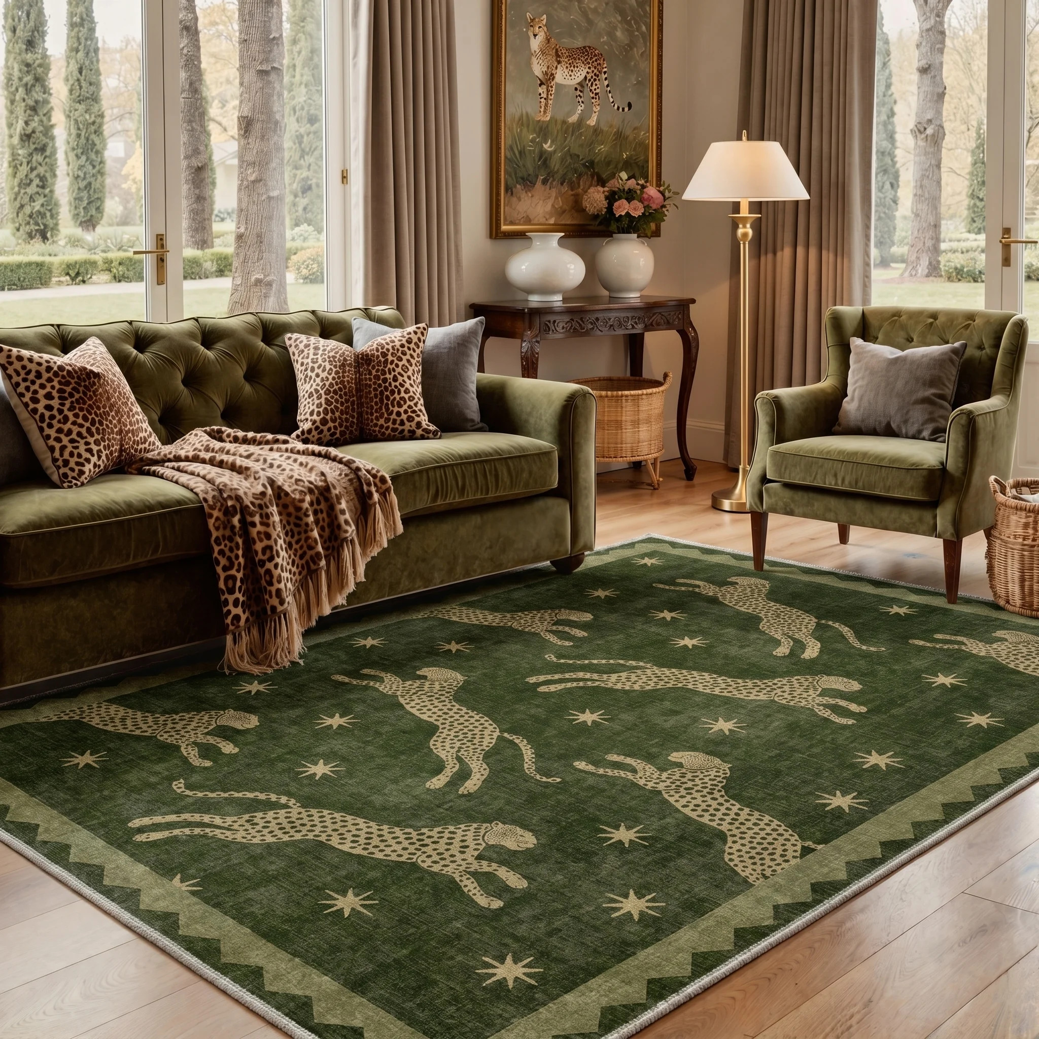Cheetah Collection Animal Print Machine Washable Green / Beige Indoor Area Rug with Non-Slip Backing | Wayfair North America