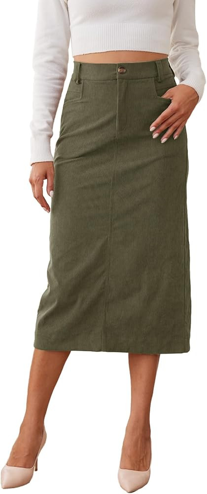 Women’s Midi Corduroy Skirt Pencil Elastic High Waisted Back Slit Winter Long Skirts for Women ... | Amazon (US)
