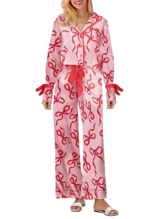 Sastianaen Satin Christmas Pajama Set for Women Silk Bow Tie Long Sleeve Shirt and Pants 2 Piece ... | Amazon (US)