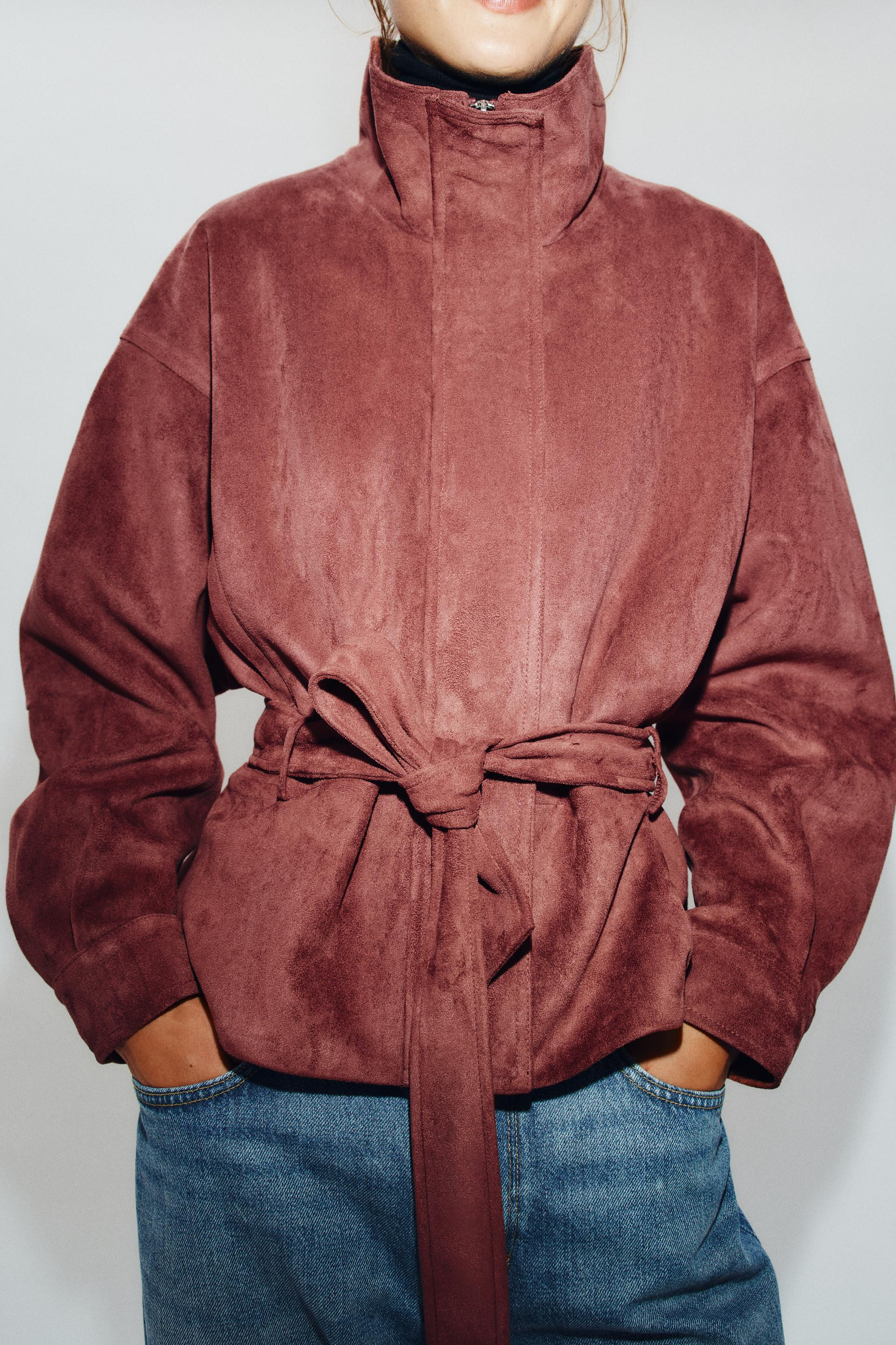 Zara - Faux Suede Jacket With Belt - Marsala - M - Woman | Zara US