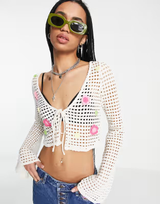 Bershka embroidered flower tie front crochet cardigan in cream | ASOS (Global)