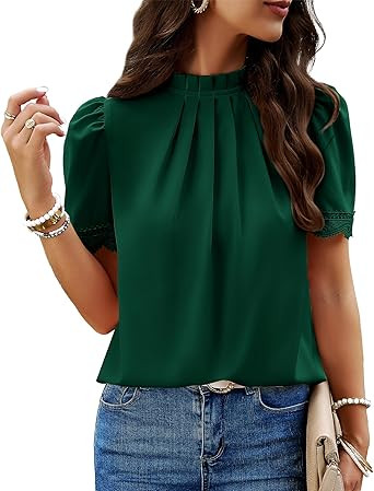 BTFBM Women Blouses 2026 Dressy Casual Summer Tops Mock Neck Lace Trim Short Sleeve Business Work... | Amazon (US)