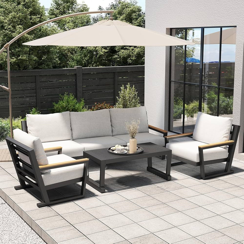 Aluminum Outdoor Sofa,4 Seats Modern Patio Furniture Set,Sectional Sofa Conversation Set with Cof... | Amazon (US)
