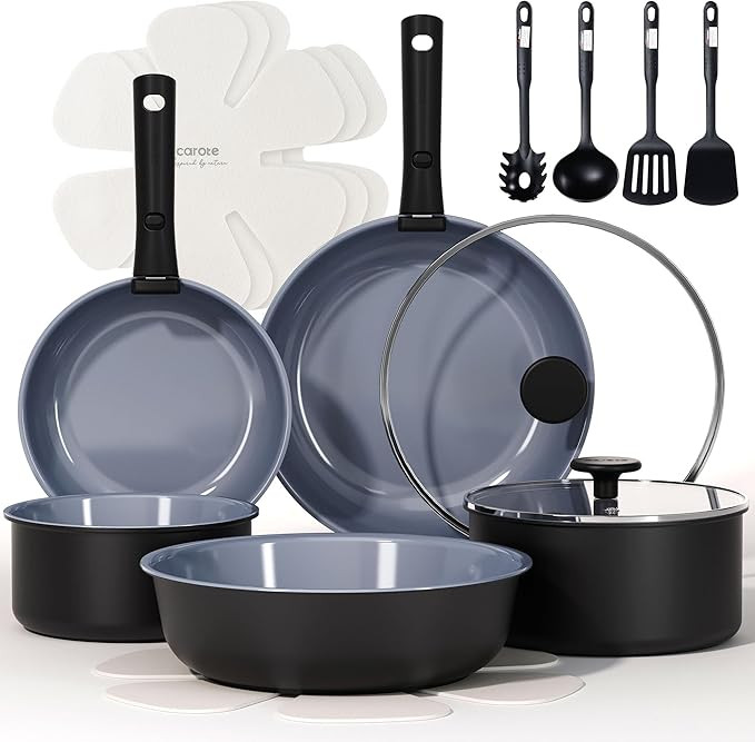 CAROTE 17PCS Ceramic Cookware Sets, Black and Gray, Pots and Pans Set Non Stick Non Toxic, Induct... | Amazon (US)