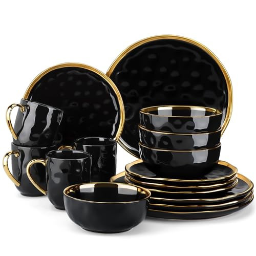 LOVECASA Black and Gold Dishes Sets, Stoneware Dinnerware Sets for 4, 16 Piece Plates and Bowls Sets, Handmade Dinnerware with Gold Trim, Dishwasher Safe Dinner Set | Amazon (US)