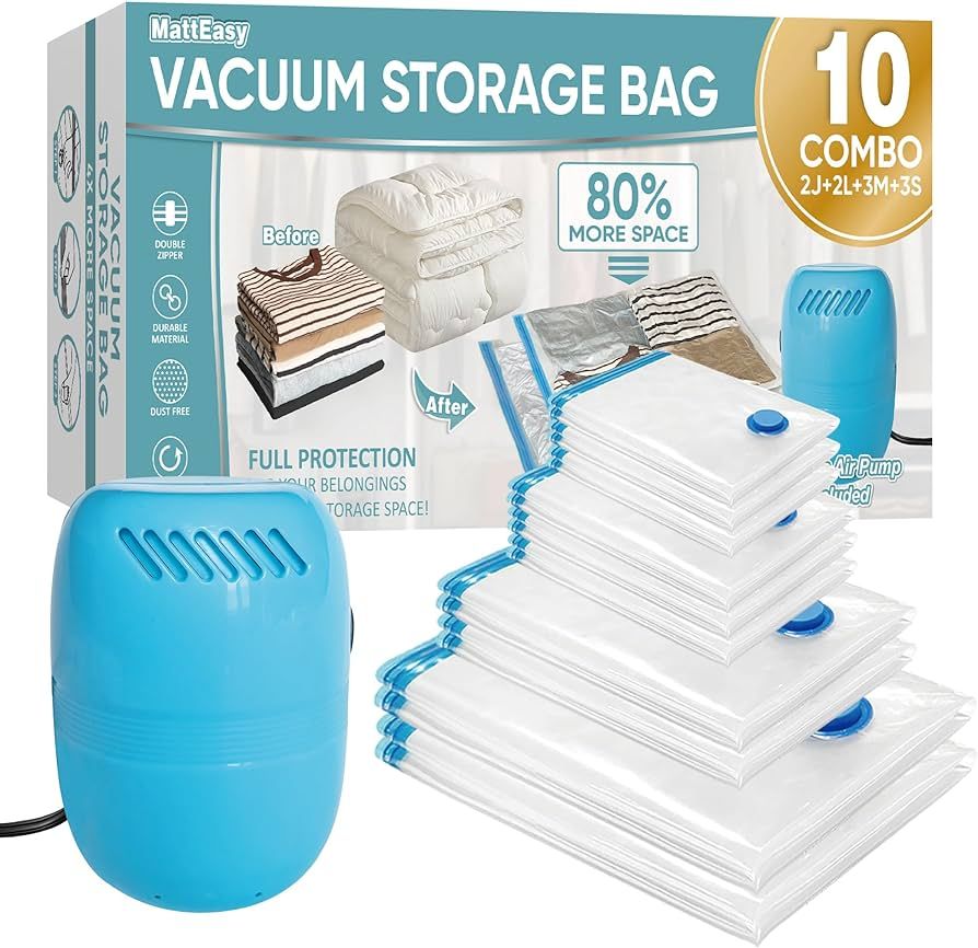 MattEasy Vacuum Storage Bags with Electric Pump, 10 Pack (2 Jumbo/2 Large/3 Medium/3 Small), Spac... | Amazon (US)