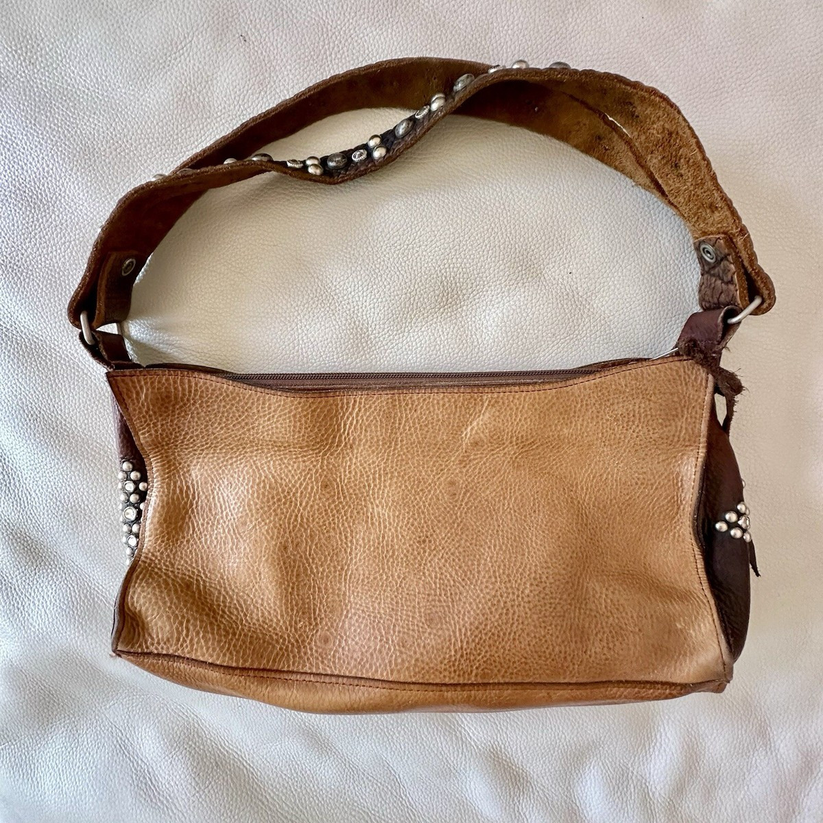 Two Bar West Brown Distressed Leather Shoulder Bag Studded Rhinestones | eBay US