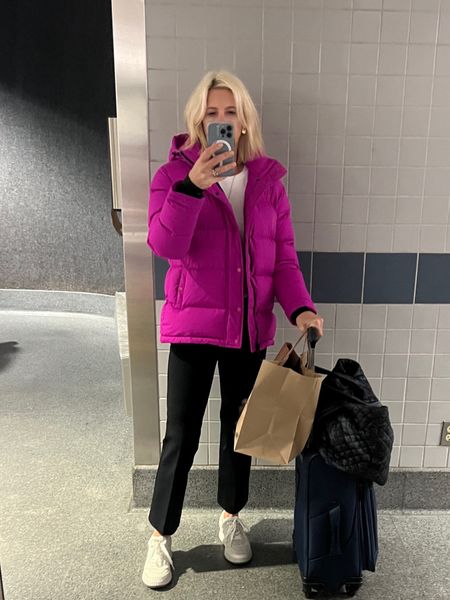 Easy travel outfit!

Pink puffer, the most comfortable black pants, white tee, MZ Wallace tote and sneakers. 

#LTKSeasonal #LTKstyletip #LTKtravel