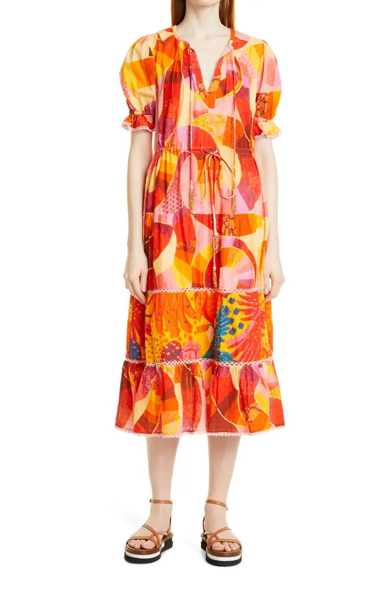 Puff sleeves and beaded tassel ties accent a cotton midi dress with a bold print that takes your ... | Nordstrom