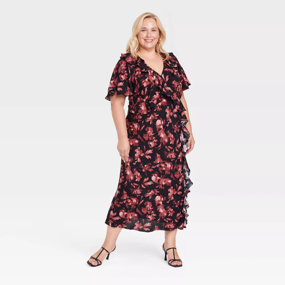 Women's Ruffle Flounce Short Sleeve Maxi Dress - A New Day™ Black/Red Floral | Target