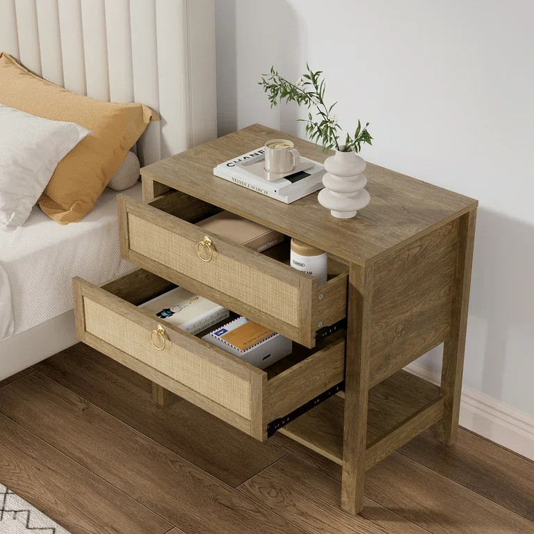 SICOTAS Large Nightstand Set of 2 for Small Spaces, Rattan Night Stands with 2 Drawers and Storag... | Walmart (US)