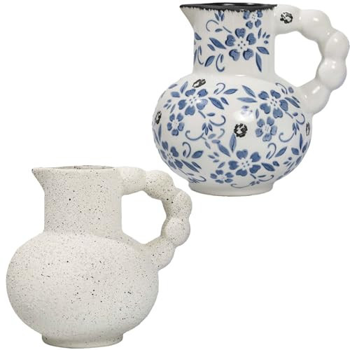 2/S Rustic Farmhouse Flower Ceramic Vase with Handle, Vintage Pampas Grass Vase, Antique White Decorative Ceramic Flower Vase | Amazon (US)