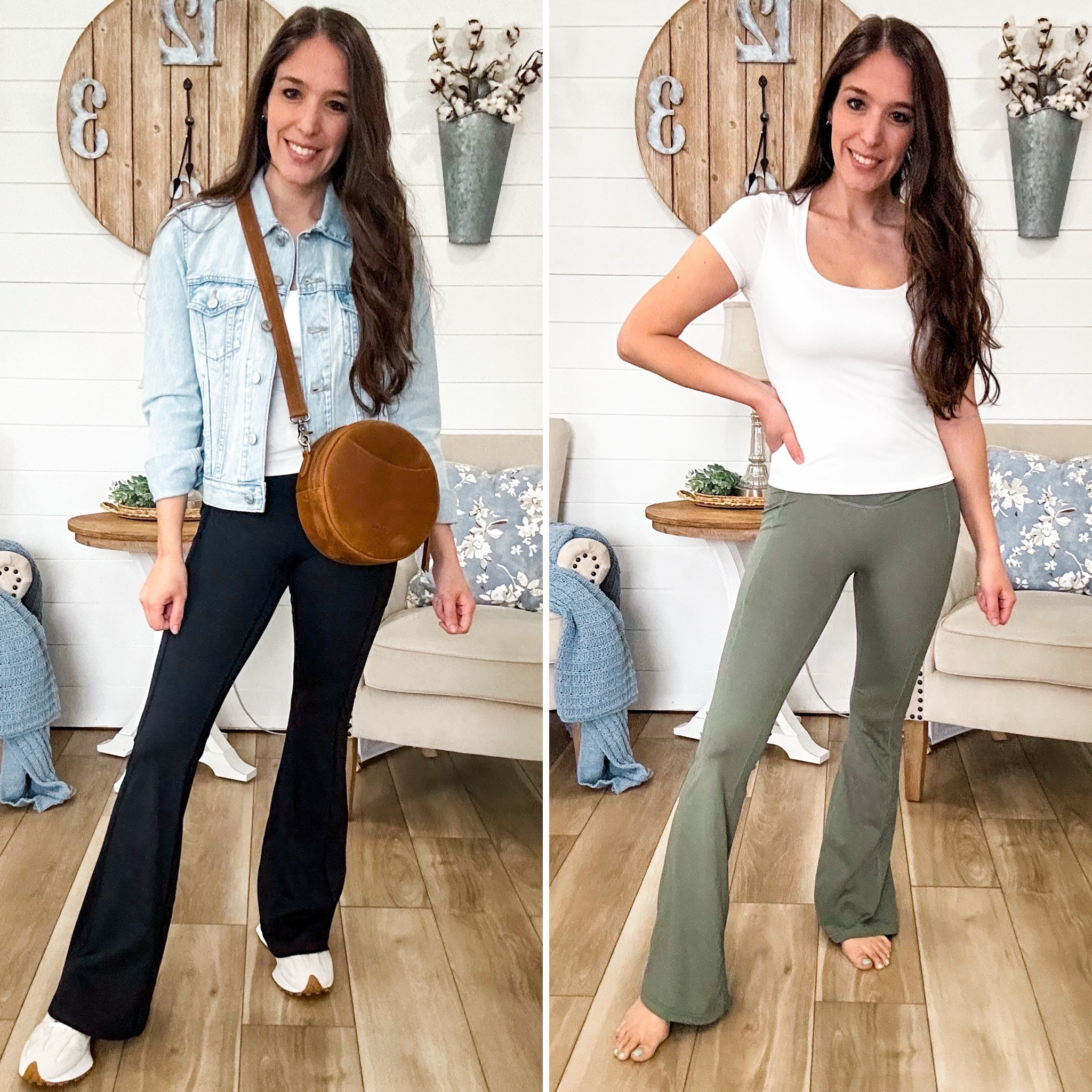 Petite friendly Amazon flare leggings 
12% off making them under $20! 
Denim jacket XS 
Top small 
Shoes tts 
Bag 5% off plus 5% off code: SZONEBAG

#LTKstyletip #LTKitbag #LTKsalealert