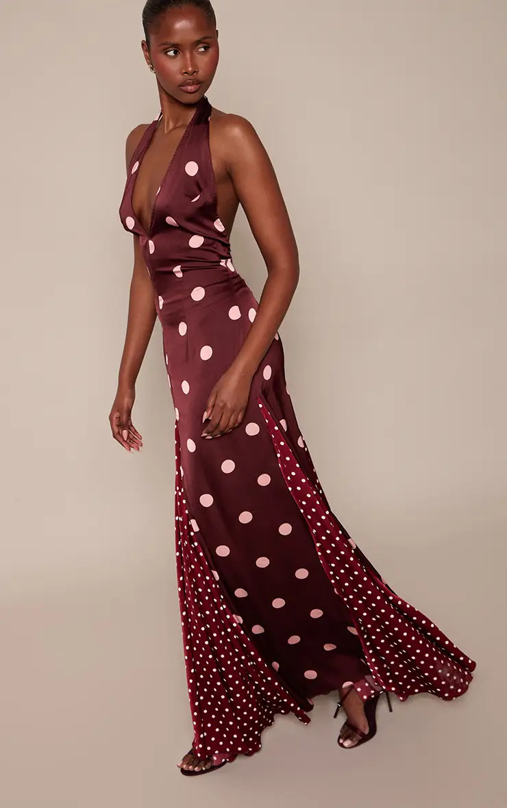 Brown Contrast Polka Dot Halterneck Maxi Dress | PrettyLittleThing UK