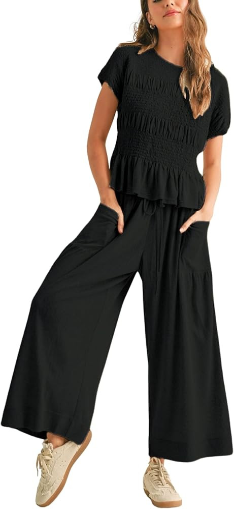 Womens 2 Piece Smocked Top Wide-Leg Pants Set High-Waisted Lounge Outfit with Pockets Casual Boho... | Amazon (US)
