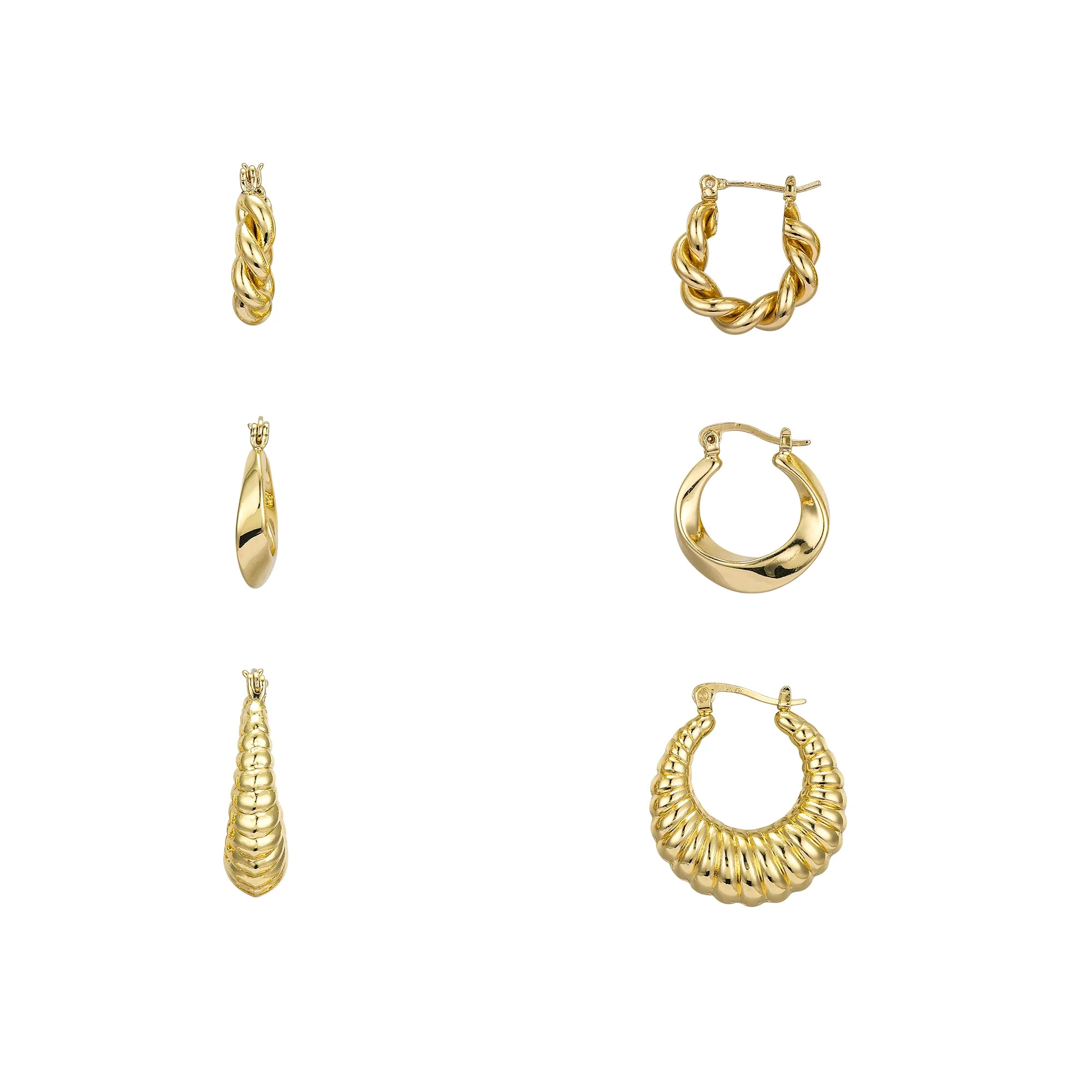 Believe by Brilliance Women's Rope, Wave, Twist Puff Hoop Earring Set in 14K Gold Flash Plated Br... | Walmart (US)