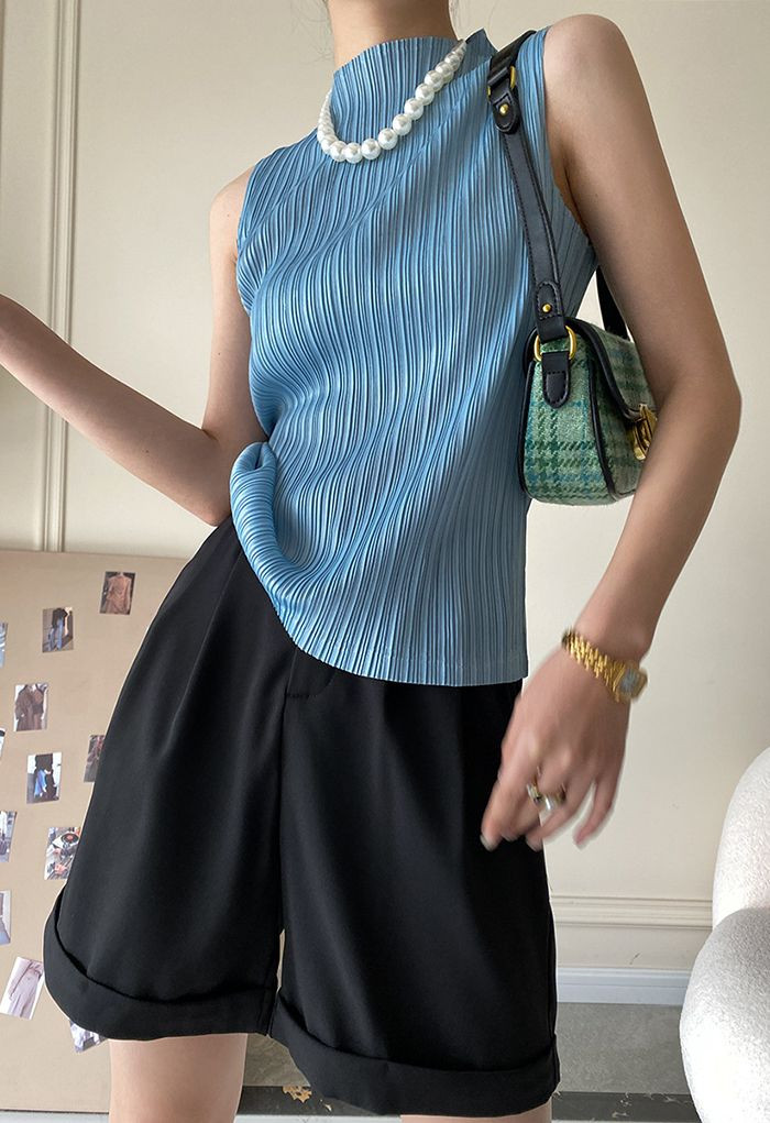 Plisse Mock Neck Sleeveless Top in Blue | Chicwish