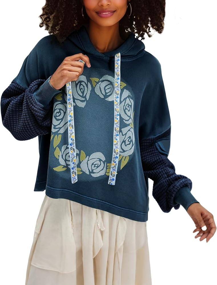 ZIZERY Womens Hoodies Oversized Floral Patchwork Sweatshirt Waffle Drop Shoulder Casual Drawstrin... | Amazon (US)