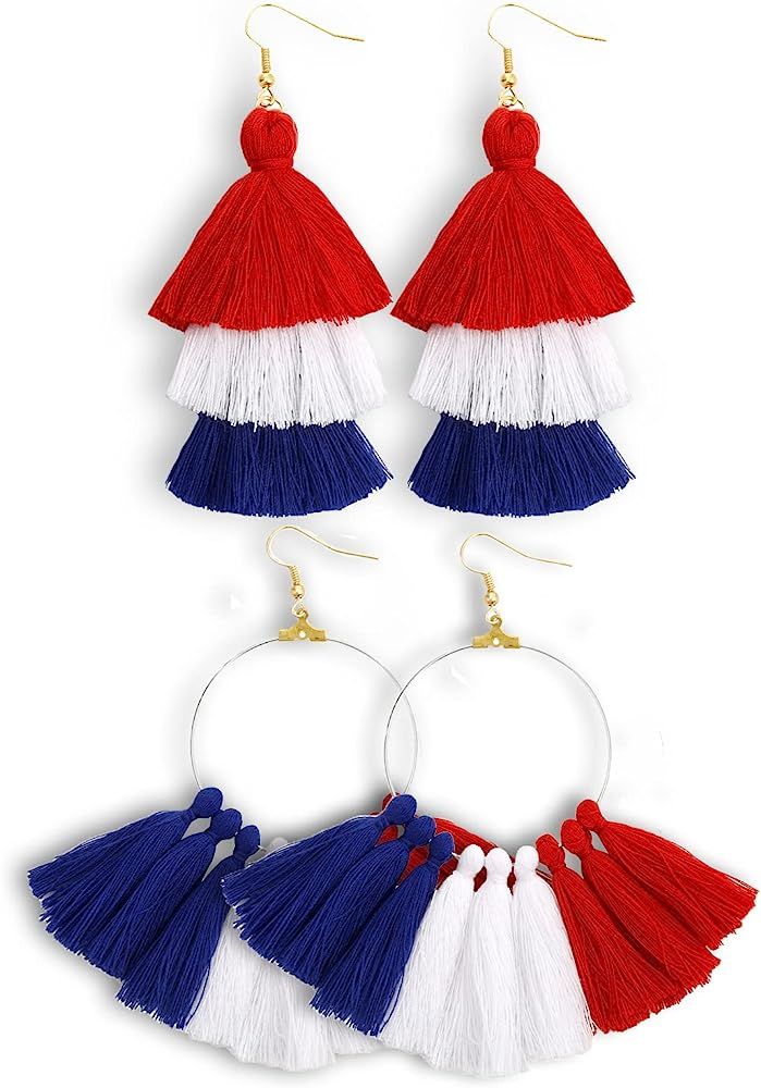 Sntieecr 2 Pairs Independence Day Earrings Layered Tassel Earrings American Flag Earrings 4th of ... | Amazon (US)