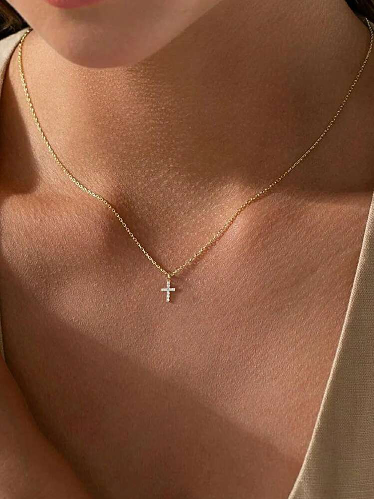 1pc Minimalist Elegant Luxury Rhinestoned Cross Pendant Pure Silver Necklace For Women, Delicate ... | SHEIN