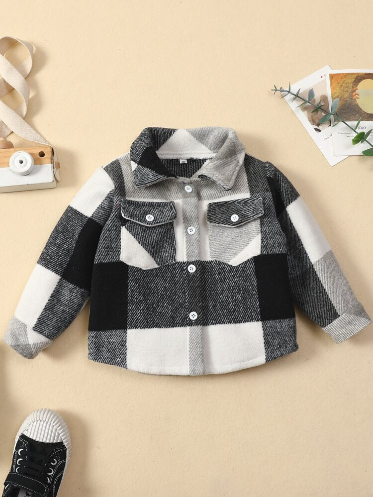 Baby Buffalo Plaid Flap Pockets Overcoat | SHEIN