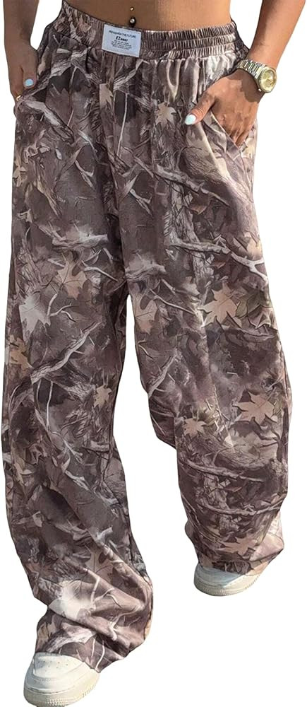 ZAFUL Women's Camo Cargo Pants Y2K Elastic High Waisted Wide Leg Casual Straight Pants Joggers Sw... | Amazon (US)