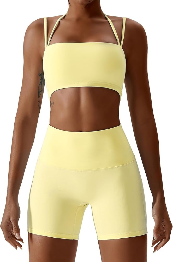 ABOCIW Women's Leopard Print Workout Set: Twist Front Sports Bra & High Waist Biker Shorts (Slim ... | Amazon (US)