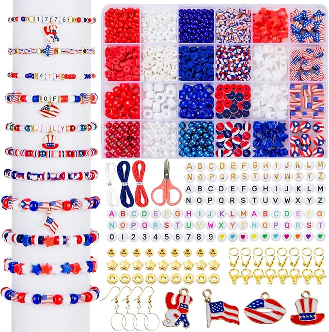 Goldwise 1578Pcs 4th of July Red White Blue Beads Bracelet Making Kit with Clay Seed Plastic Pony... | Amazon (US)