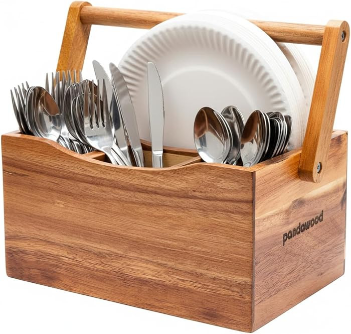 Wooden Silverware Caddy - Acacia Wood Utensil Caddy for Party - Rustic Wooden Utensil Holder for ... | Amazon (US)