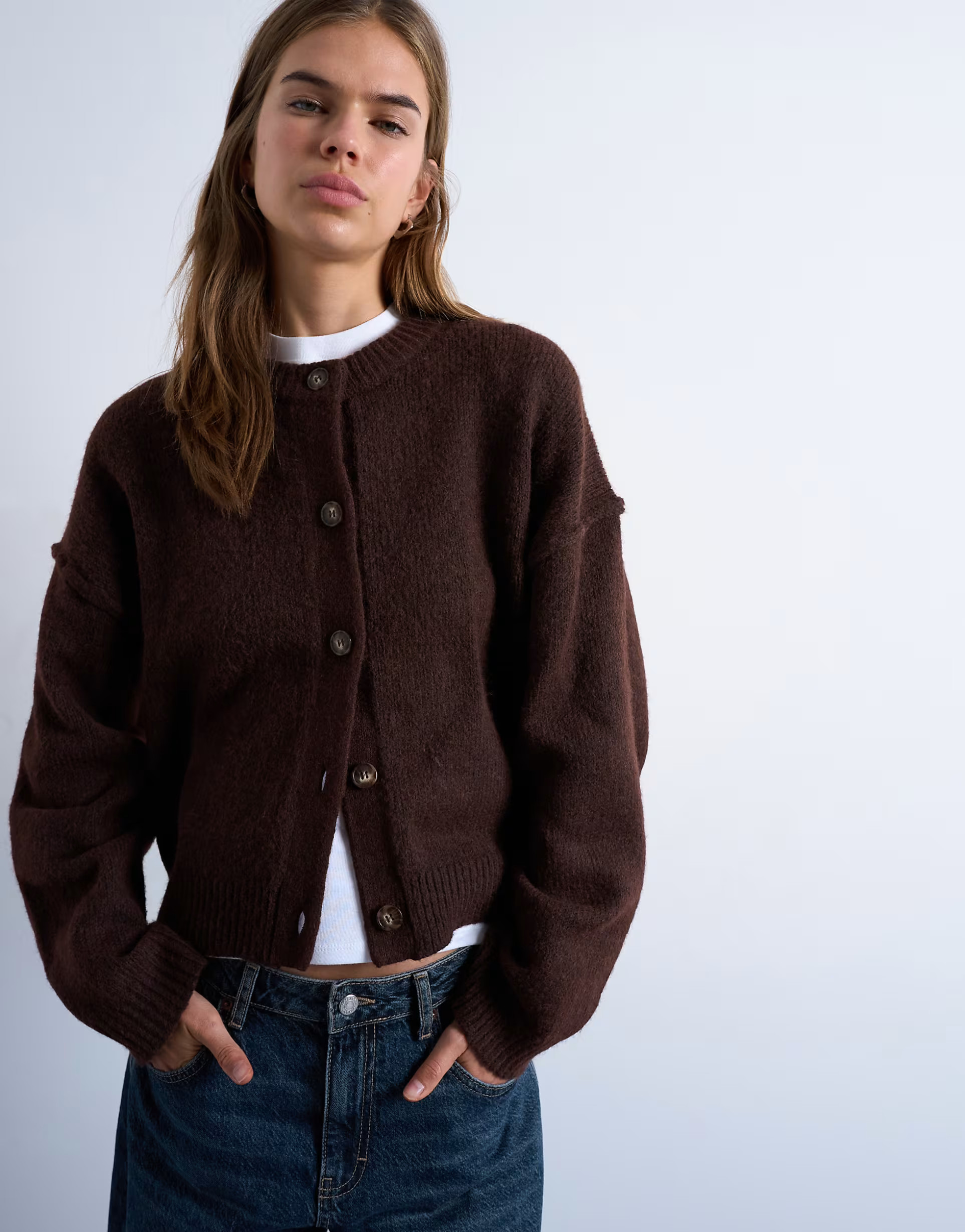 Topshop knit exposed seams] relaxed cardigan in brown | ASOS (Global)