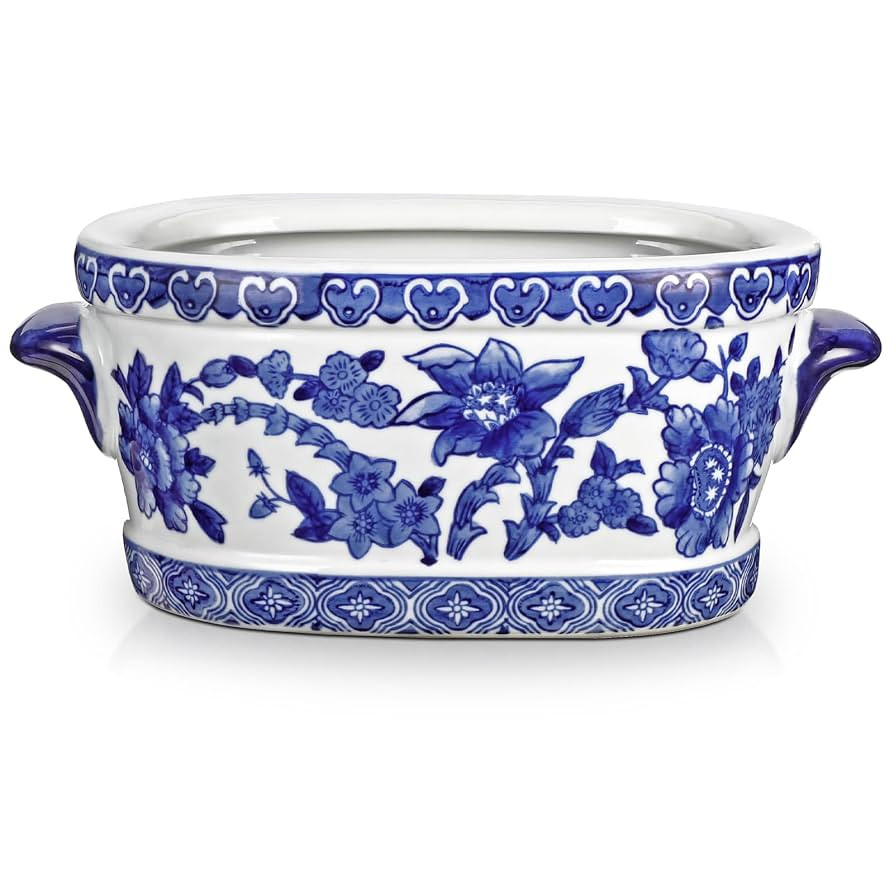 Blue and White Ceramic Planter Pot – Vintage Floral Oval Cachepot Vase for Indoor Plants, Flowe... | Amazon (US)