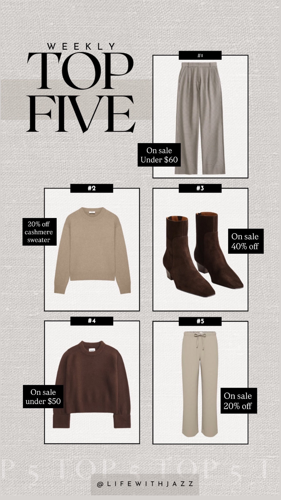 This week’s bestsellers — everything is on sale! 

#1 Abercrombie Sloane trousers — on sale under $70 (use code AFJEAN for an extra 15% off)

#2 aritzia cashmere sweater — 20% off, comes in many great neutral colors, made with the good cashmere standard 

#3 Madewell Lexie ankle boots — 40% off with code LETSGO, a minimal western boot 

#4 Abercrombie Madeline sweater — on sale under $55 (use code AFJEAN for an extra 15% off) 

#5 Aritzia Lodge pants — an elevated wrinkle-free pull on pant, 20% off 

#LTKSaleAlert #LTKCyberWeek