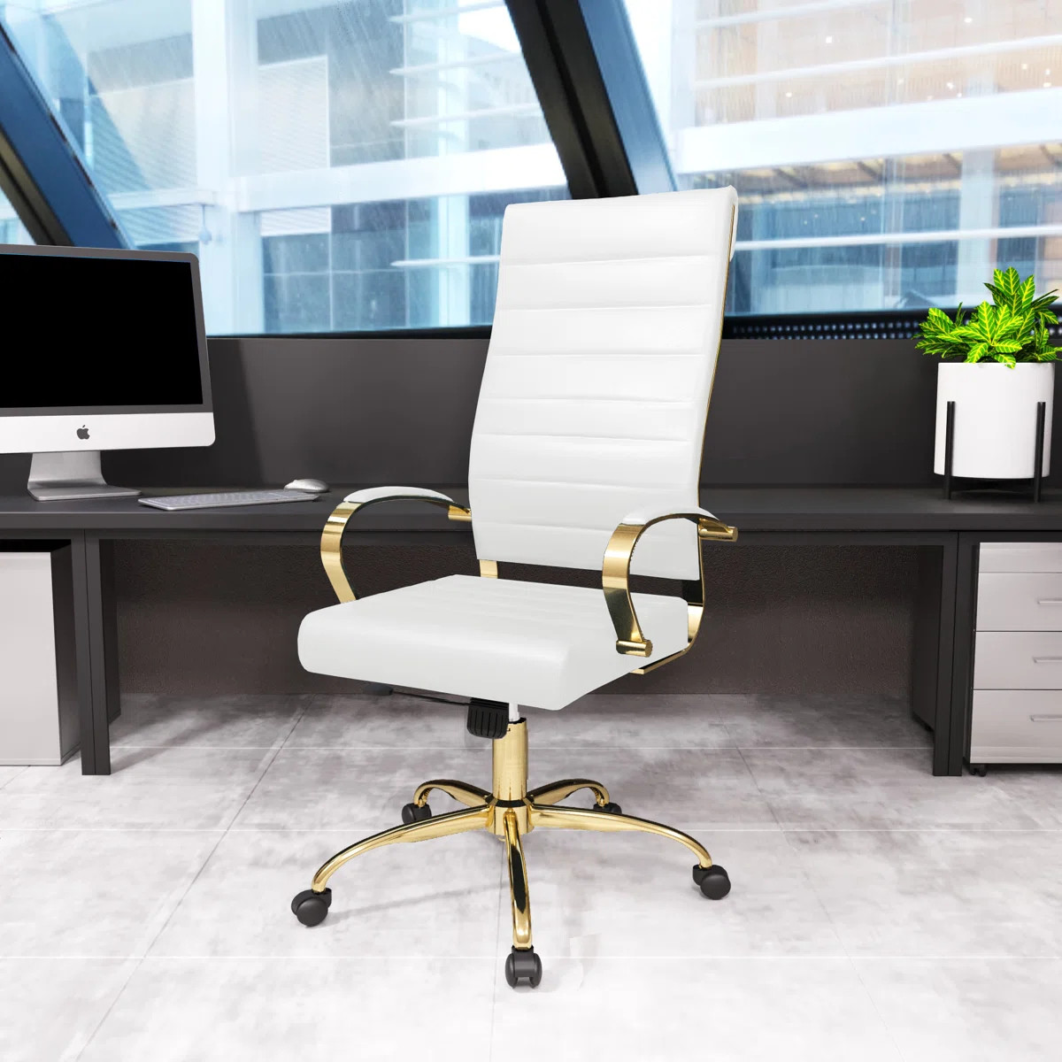 Humairaa Benmar Leather Office Chair in Gold Base | Wayfair North America