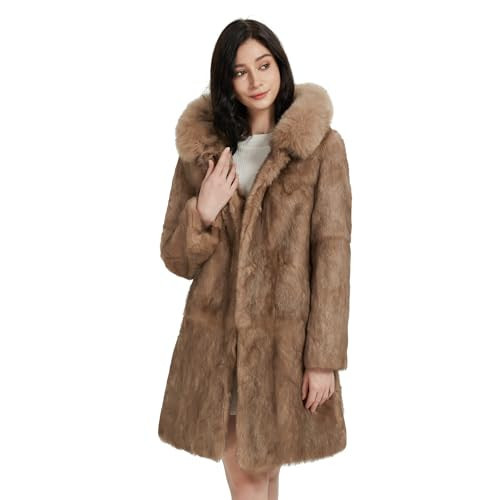 Fur Story Women's Genuine Rabbit Fur Coat With Fur Trim Hood - Winter Warm Jacket for Women | Amazon (US)
