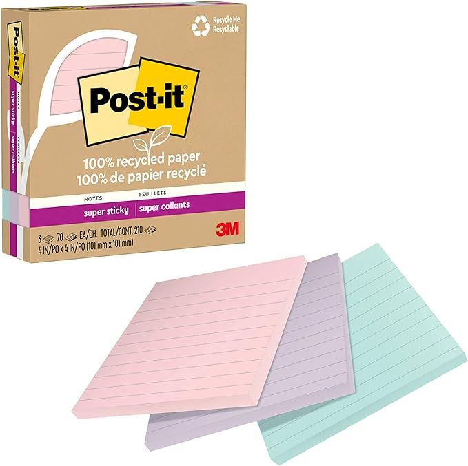 Post-it 100% Recycled Paper Super Sticky Notes, 2X The Sticking Power, 4x4 in, Lined, 3 Pads, 70 ... | Amazon (DE)