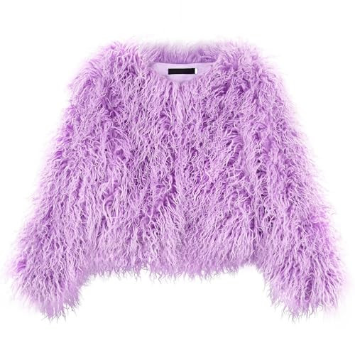 YUAKOU Women's Shaggy Faux Fur Outwear Coat Jacket Long Sleeve Warm Winter,Light Purple 2XL | Amazon (US)