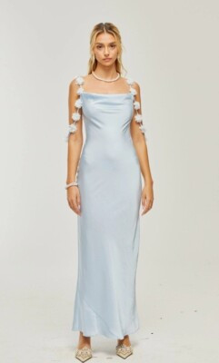 Maxi Vestido sin Mangas Caroline Constas Azul Satinado Flor 3D Hombro Descubierto M Nuevo con Etiquetas | eBay US