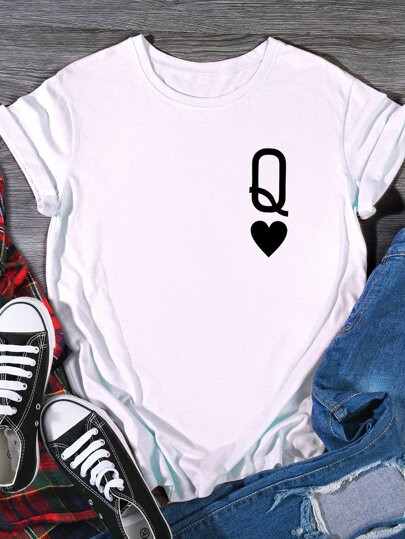 Letter & Heart Print Round Neck Tee | SHEIN